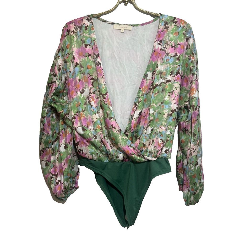 Fanco Boutique Green Floral Deep V Long Sleeve Bodysuit Small